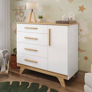Cômoda Infantil 1 Porta 4 Gavetas 119cm 100% MDF Kakau Retrô Espresso Móveis Branco Brilho/Amêndoa em Oferta na Shopee