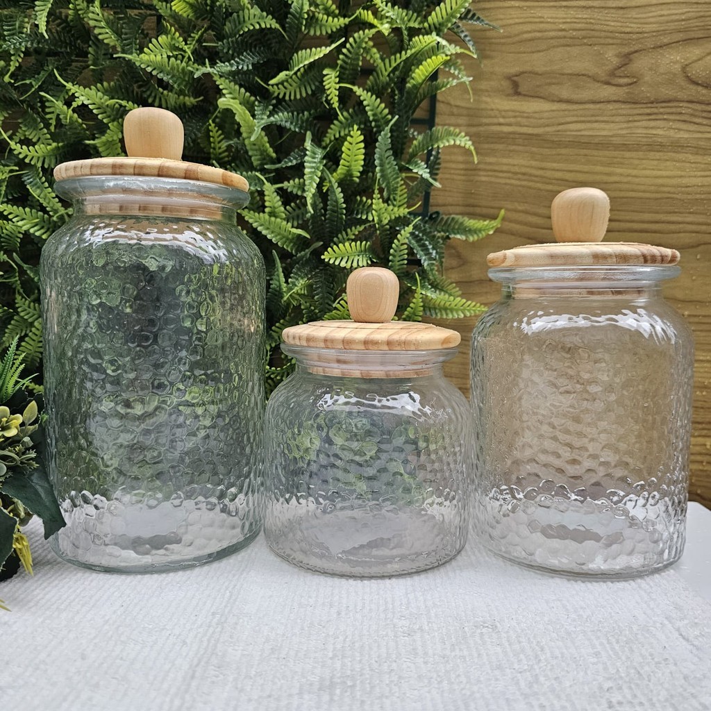 Conjunto 3 Potes de Vidro Martelado com Tampa de Bambu 1,3L / 1L / 640ml - Wolff