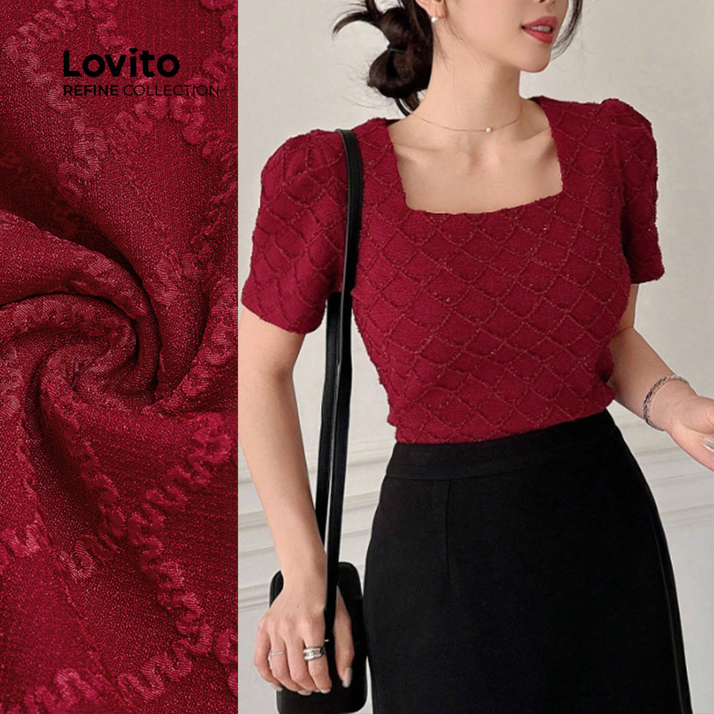 (lovito Refine) Blusa Elegante De Férias Com Babados Blusa Vermelha De Primavera/verão LR21E075 em Oferta na Shopee