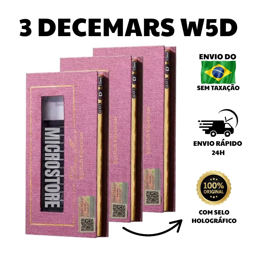 Kit 3 Cílios Decemars W 5D Com Selo Volume Egípcio Extensão De Cilios Egipcio Fio a Fio Retenção Fio