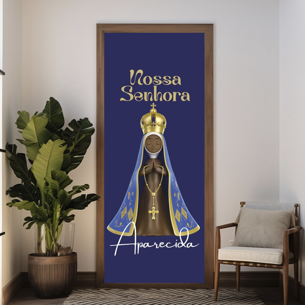 Capa Decorativa Religiosa Nossa Senhora Aparecida Azul Dourado Devoção e Fé para Porta