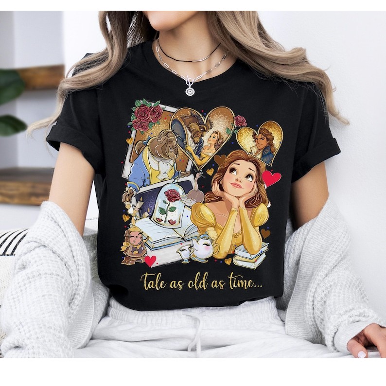 Camiseta Feminina Casual De Algodão Grande Com Estampa De A Bela E A Fera E Texto "Conto Tão Antigo Quanto O Tempo"
