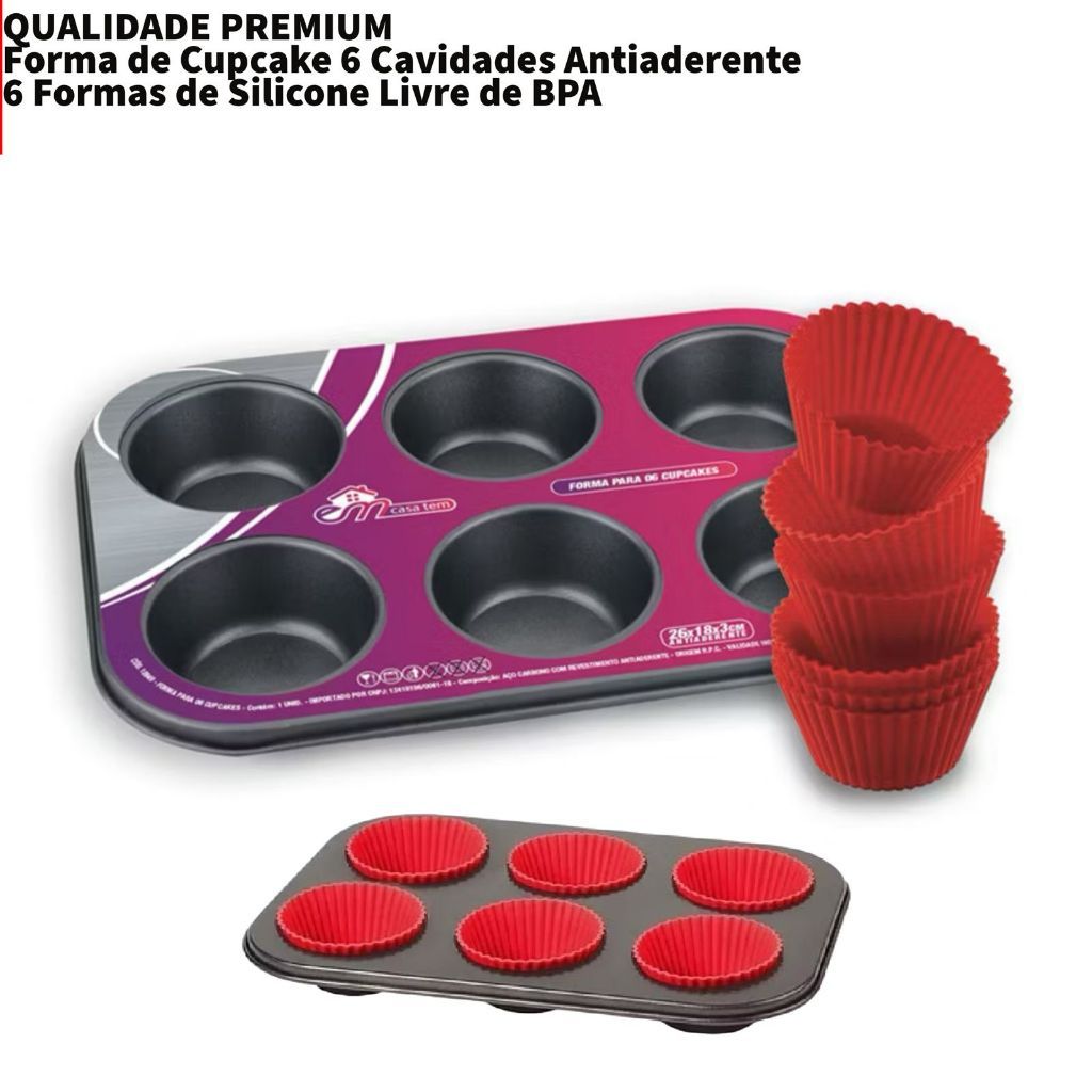 Kit Forminhas de Silicone Cupcake, Pão De Mel, Bolinhos + Forma Assadeira Antiaderente 12 Cavidades