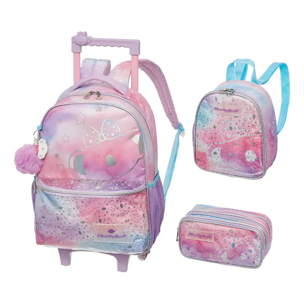 Kit Mochila Rodinha Alcas Lilica Lancheira Estojo Lumina