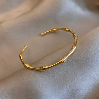 Pulseira Aberta de Aço Inoxidável com Design de Bambu em Ouro 18K HT, Joia Feminina EOI0 1VM8