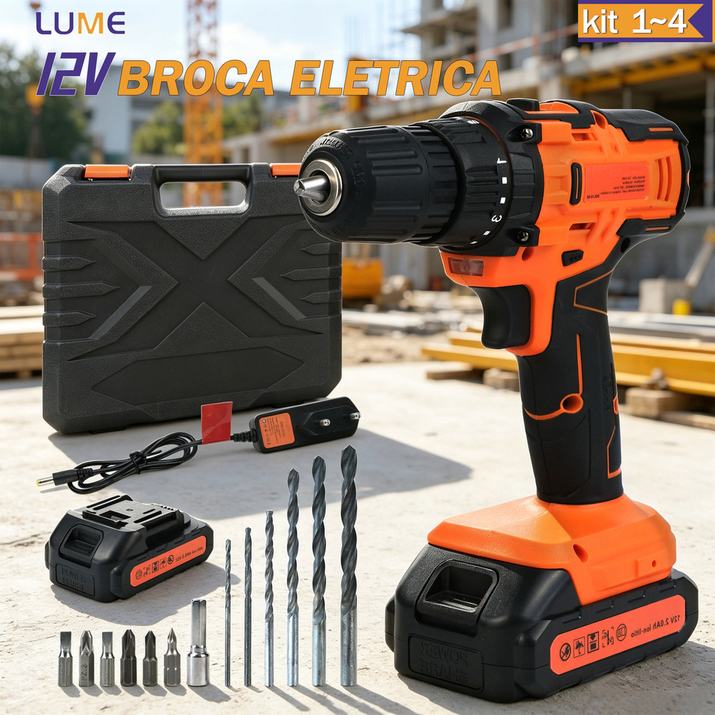 Furadeira Parafusadeira 12V Bivolt Com 13 Peças C/ Maleta 1 Bateria 2 Velocidades 22Nm Motor Cobre