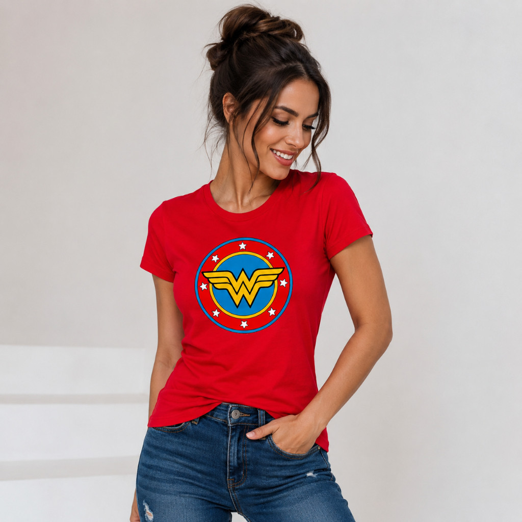 Camiseta Feminina Básica Tradicional Mulher Maravilha DC Heroína Vermelha Preta 100% Algodão Casual Premium