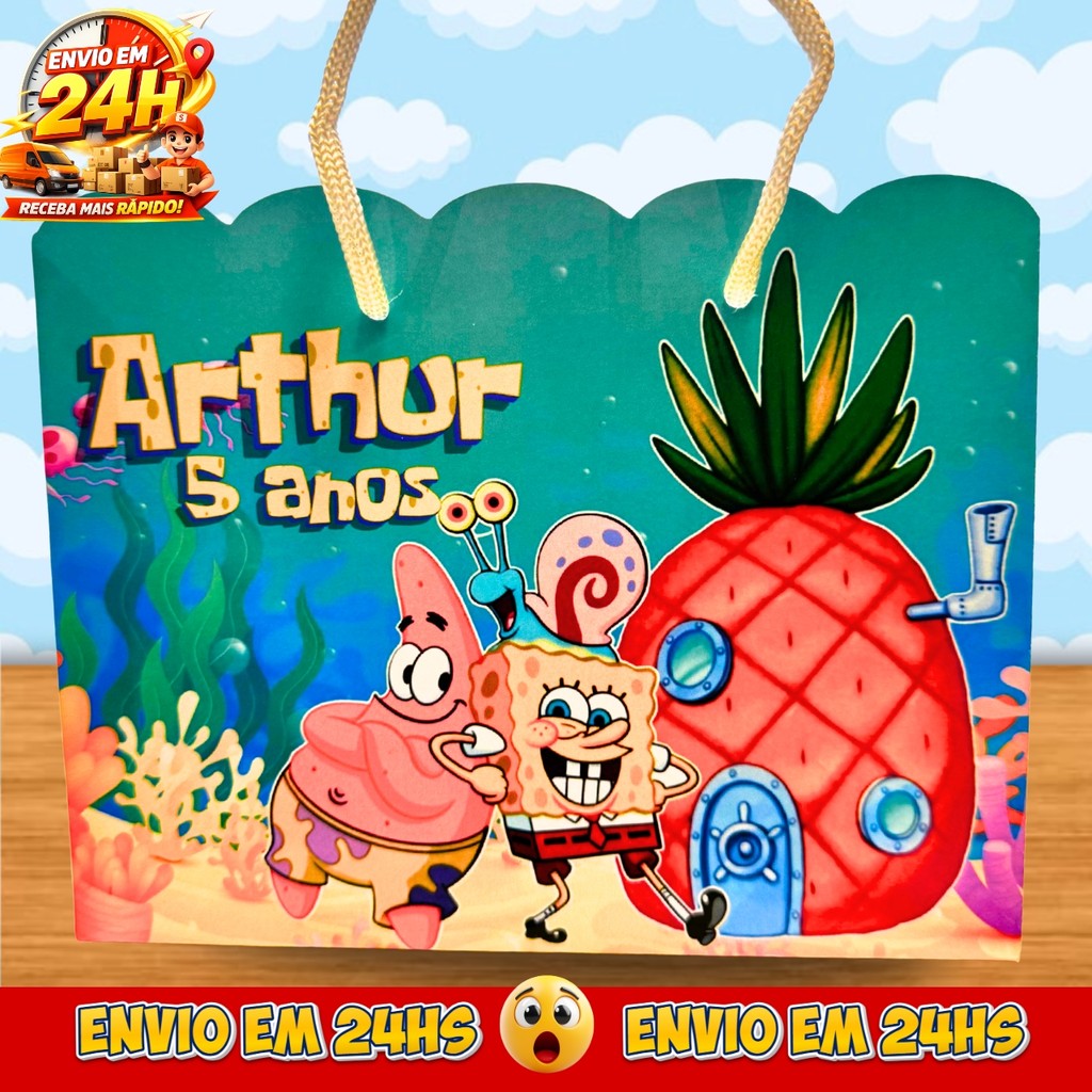 Sacolinhas Bob Esponja Personalizadas - Lembrancinhas Bob Esponja Infantil Premium com Nome e Idade