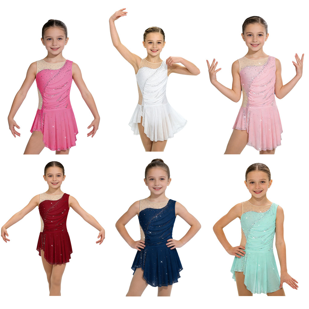 inhzoy Crianças Meninas Dança Ginástica Traje De Patinação Artística Sem Mangas Patchwork Espumante Strass Ruched Malha 