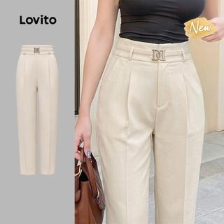 (New Arrival) Lovito Calça Bolso e Fivela Metálica Calça de Verão/primavera Cor Cáqui Claro para mulheres LK7ED988