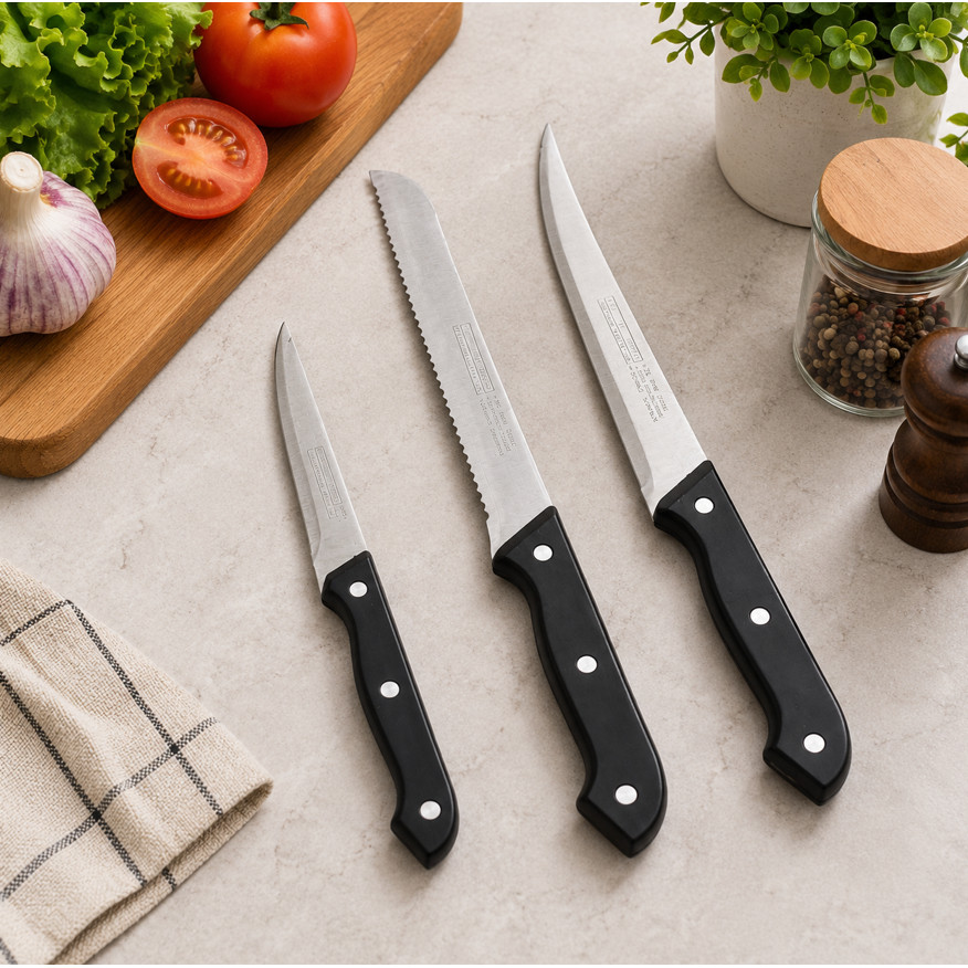 Kit 3 Facas de Cozinha Inox Cabo Preto – Faca de Legumes 23cm + Faca Serrilhada 32,3cm + Faca Chef 32,5cm