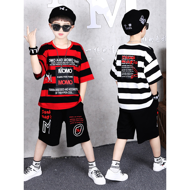 Listrado crianças de manga curta camiseta bonito moda menino terno roupas de verão puro algodão crianças roupas meninos 