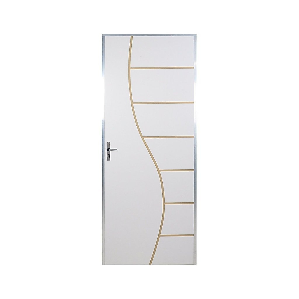 Kit Porta de Madeira Decorada 212x95cm com Batente de Aluminio 3,6cm Cantareira MGM Abertura Direita Branco Branco
