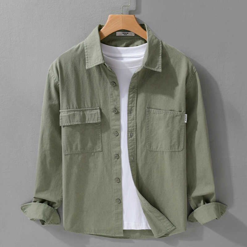 Camisa de trabalho de algodão puro estilo Hong Kong masculina de manga comprida solta Retro primavera outono estilo na m