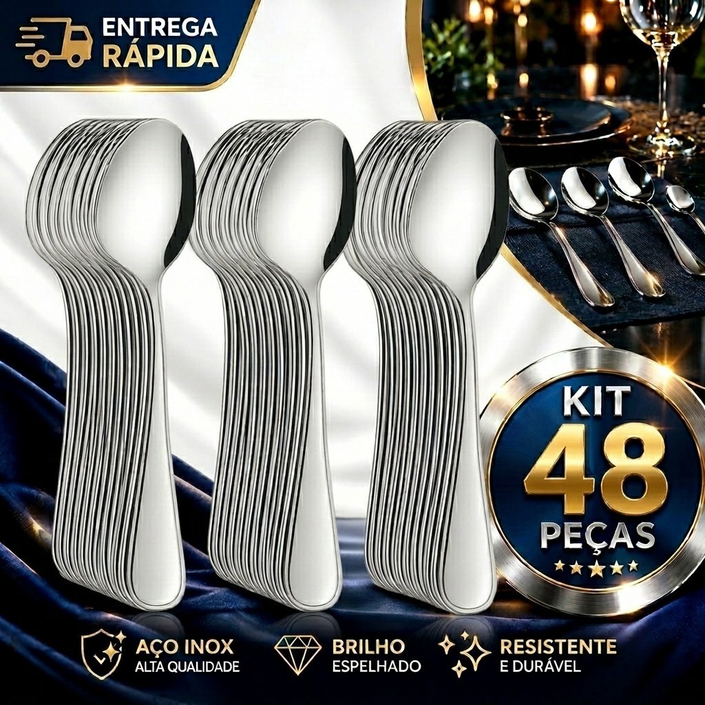 Jogo de Talheres 48 Peças Colher de Sopa em Aço Inox Jogo de Talher Colheres de Mesa PREMIUM