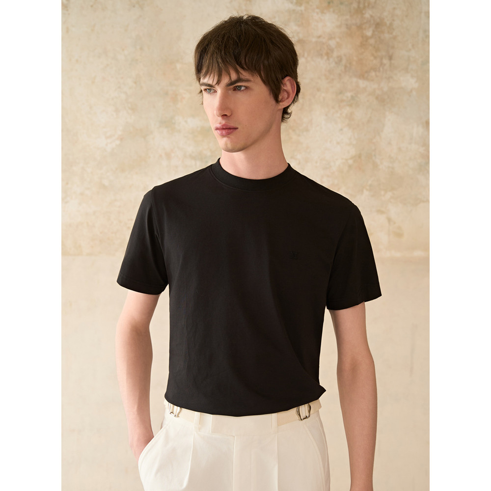 [Cool Feeling Antibacteriano] Jiyomon Camiseta Masculina de Manga Curta Preta Gola Redonda Verão Carta Bordada All-Ma