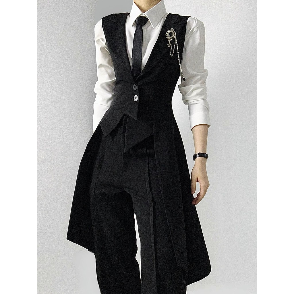 Primavera outono novo estilo preto terno Extra-comprimento colete masculino fino-ajuste gola de cintura estreita cauda d