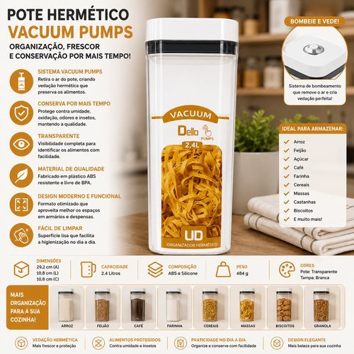 Pote Hermético Retangular 24 Litros Plástico Transparente Tampa Pumps Veda Alimentos Cozinha Organização