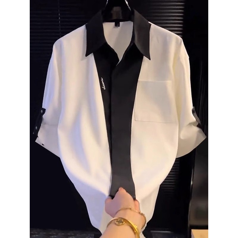 2025 verão contraste cor High-End camisa masculina Design Casual moda de manga curta nova moda masculina Puffian bonito 