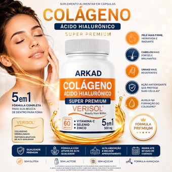Colágeno Hidrolisado Verisol® + Ácido Hialurônico 5 em 1 | Vitamina C, Zinco e Selênio | 60 Cápsulas