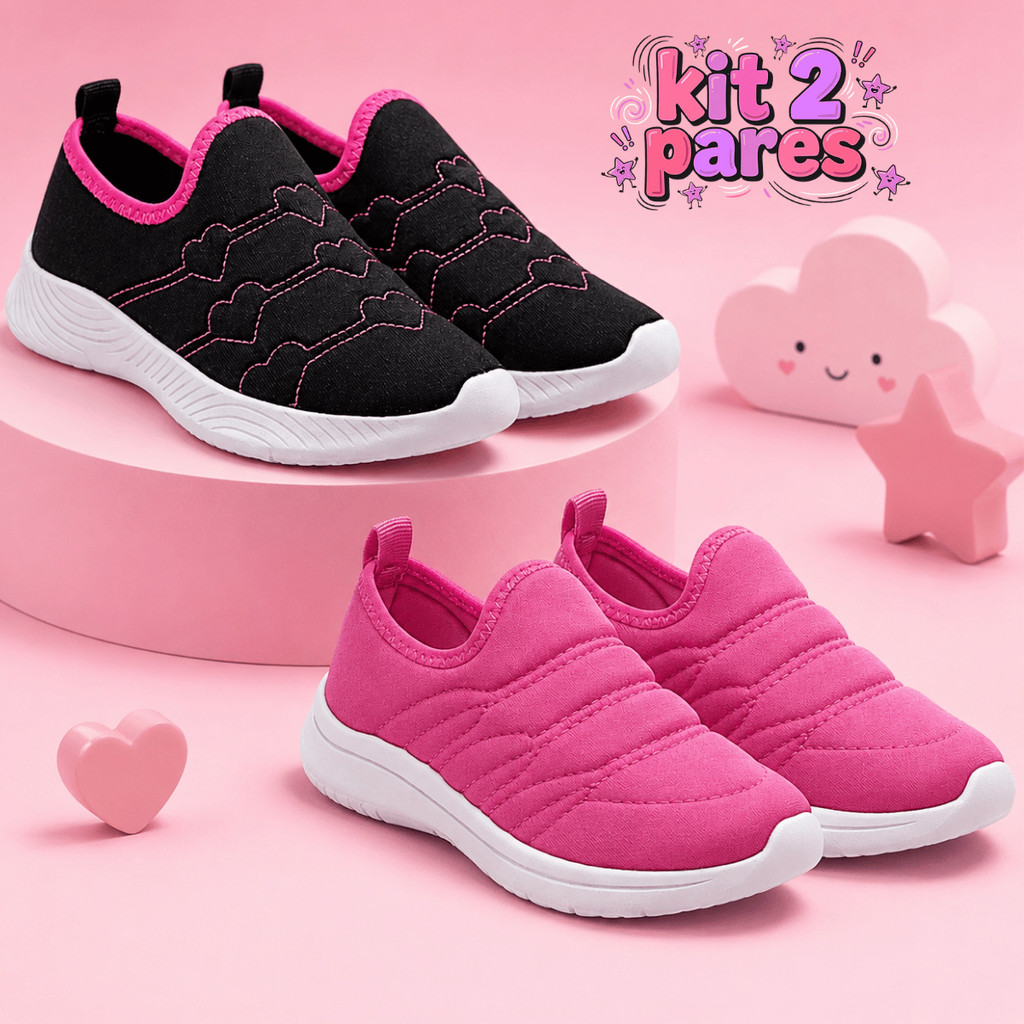 Kit Com 2 Tênis Infantil Menina Calce Fácil Macio e Confortável