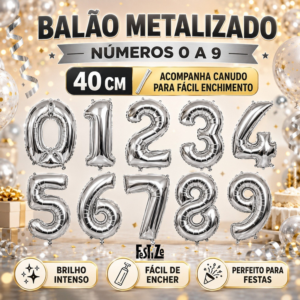 Kit C/ 2 Balões Numero Metalizados Prateado Decoração Festa Aniversário Evento - 40 cm