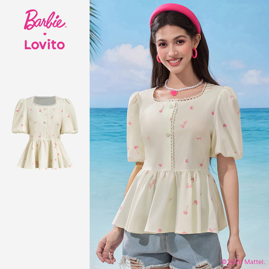 Barbie™ X Lovito Blusa Casual Babado Bainha Blusa Primavera/verão para Mulheres 