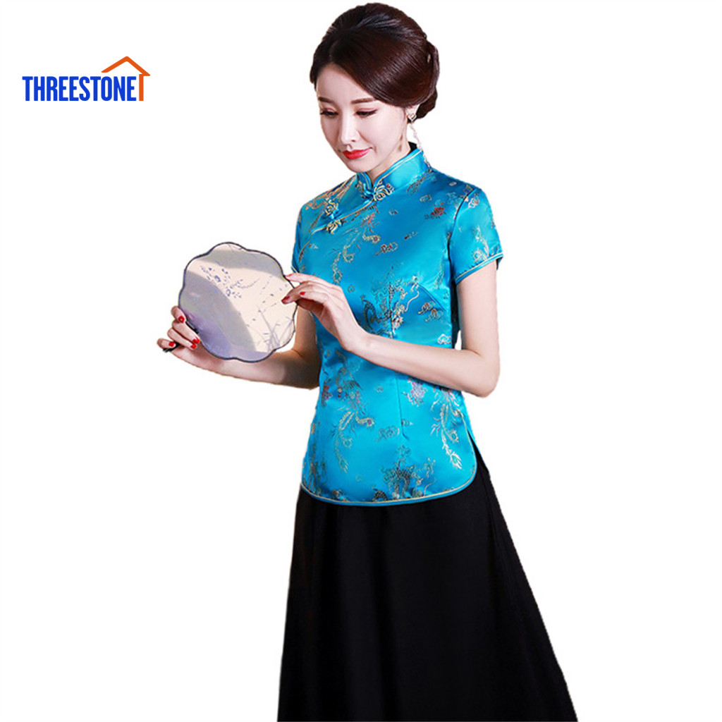 Mulheres Cheongsam Camisa Dragão Phoenix Impressão Estilo Chinês Verão Outono Lado Split Gola Topo Para Banq