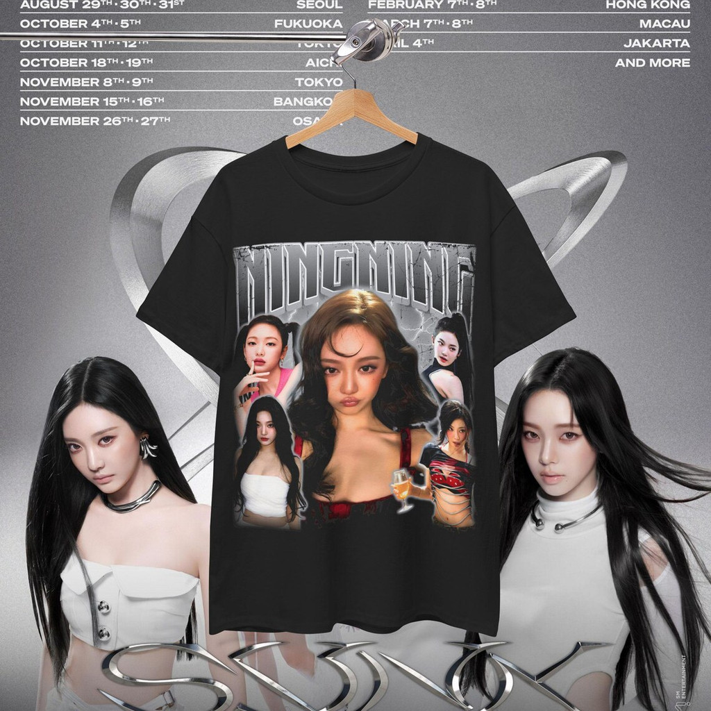 Camiseta K-pop Masculina Feminina Ningning Aespa Tour Collage Fotos Oversized Unissex Algodão Premium