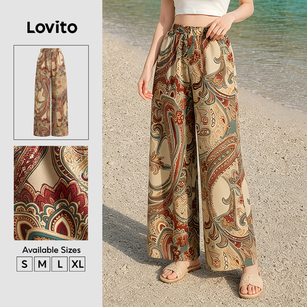 Lovito Férias Calça Com Estampa Tribal Franzida De Verão/Primavera Para Mulheres L128ED720