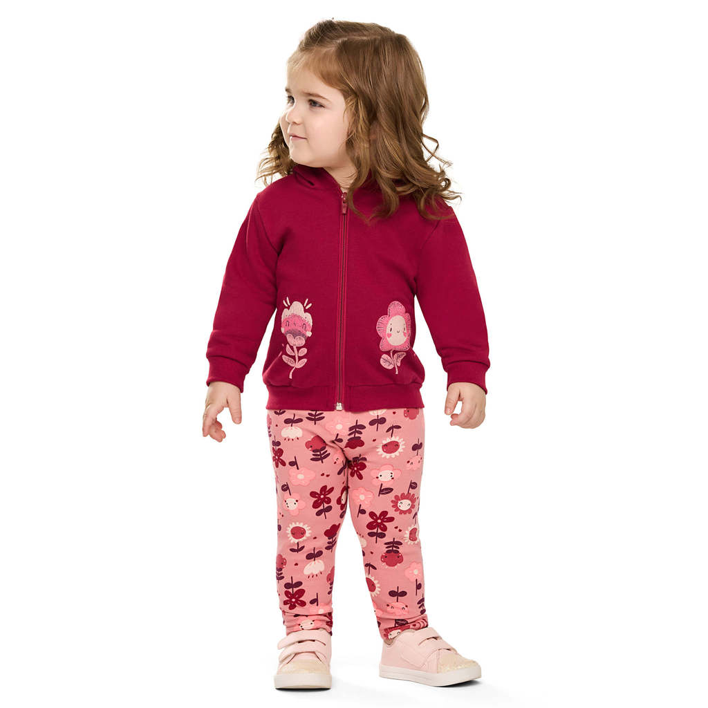 Conjunto Bebê Menina Com Capuz Flores Elian Vermelho