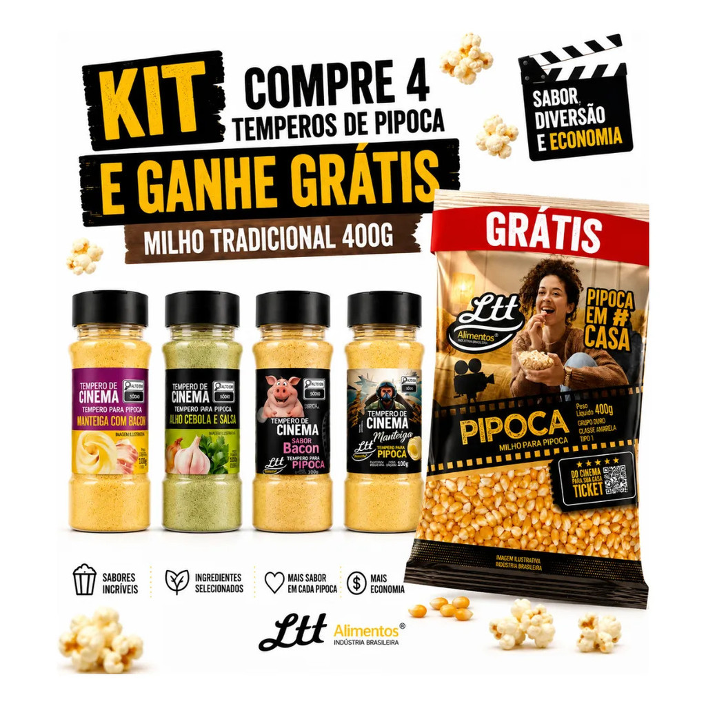 Kit 4 Temperos Para Pipoca 100g um de cada + Milho Tradicional 400g - Mais Tempero