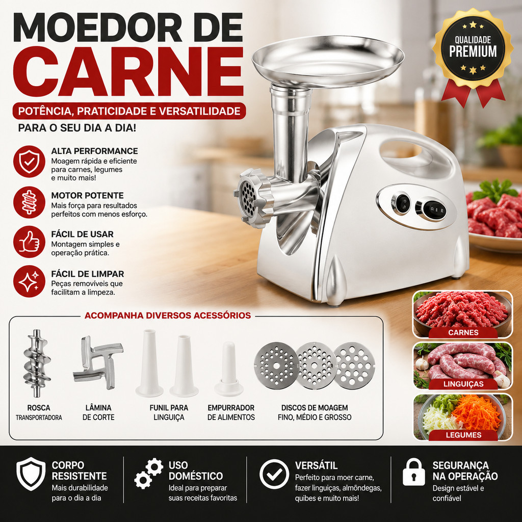 Moedor De Carne Elétrico Profissional Inox Multifuncional Linguiça Kibbe 110V 220V