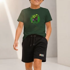 Kit Camiseta Infantil Menino Hulk Vingadores Avengers e Bermuda Moletinho