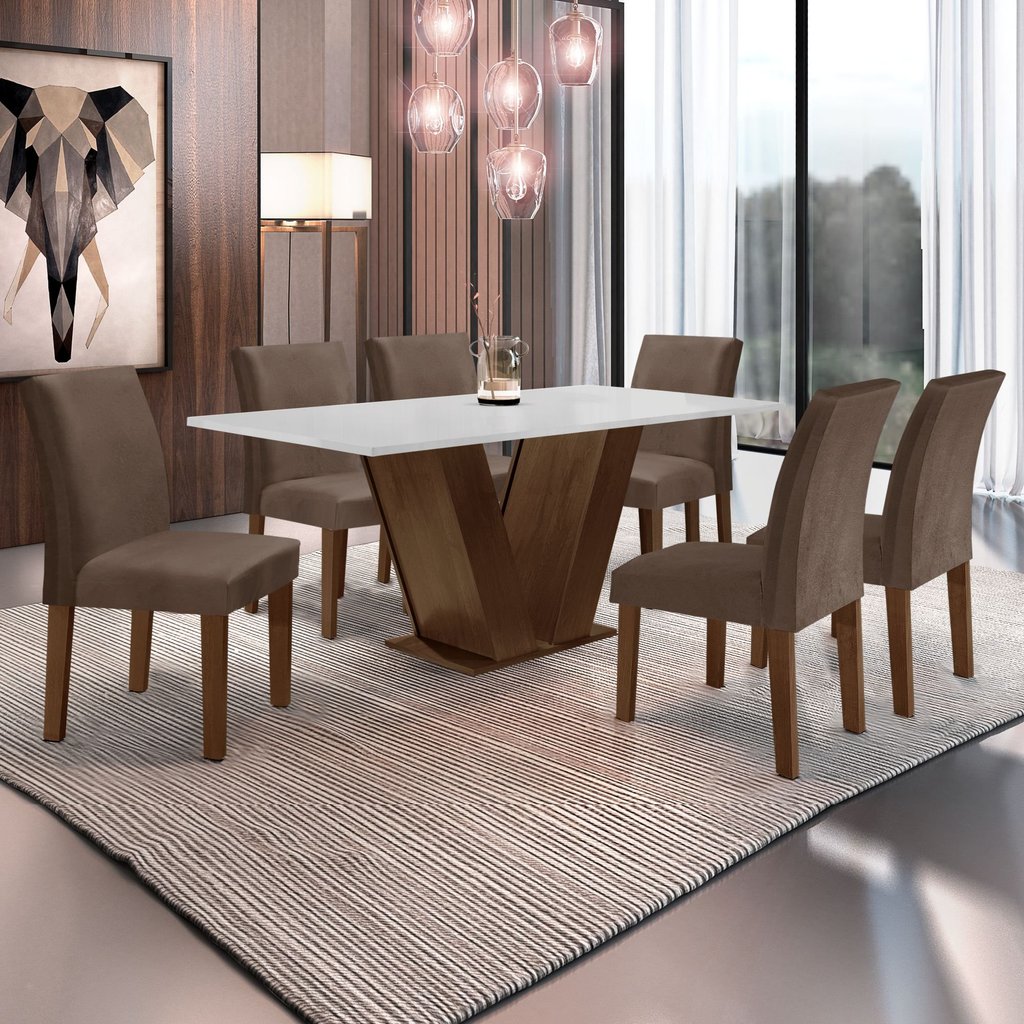 Conjunto Sala de Jantar Mesa 160x80cm Tampo MDF com 6 Cadeiras Espanha Yescasa Chocolate/Marrom/Off White