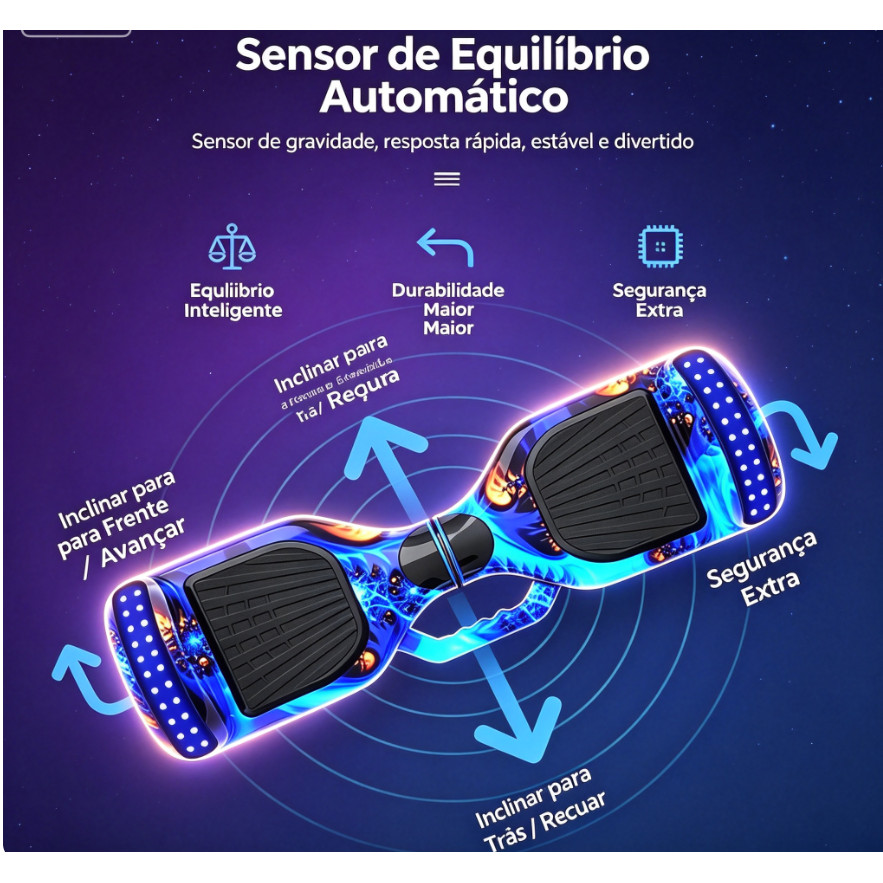 Hoverboard Elétrico Fogo Colorido Auto Balance Luz Completa Sistema Anti-Tombamento