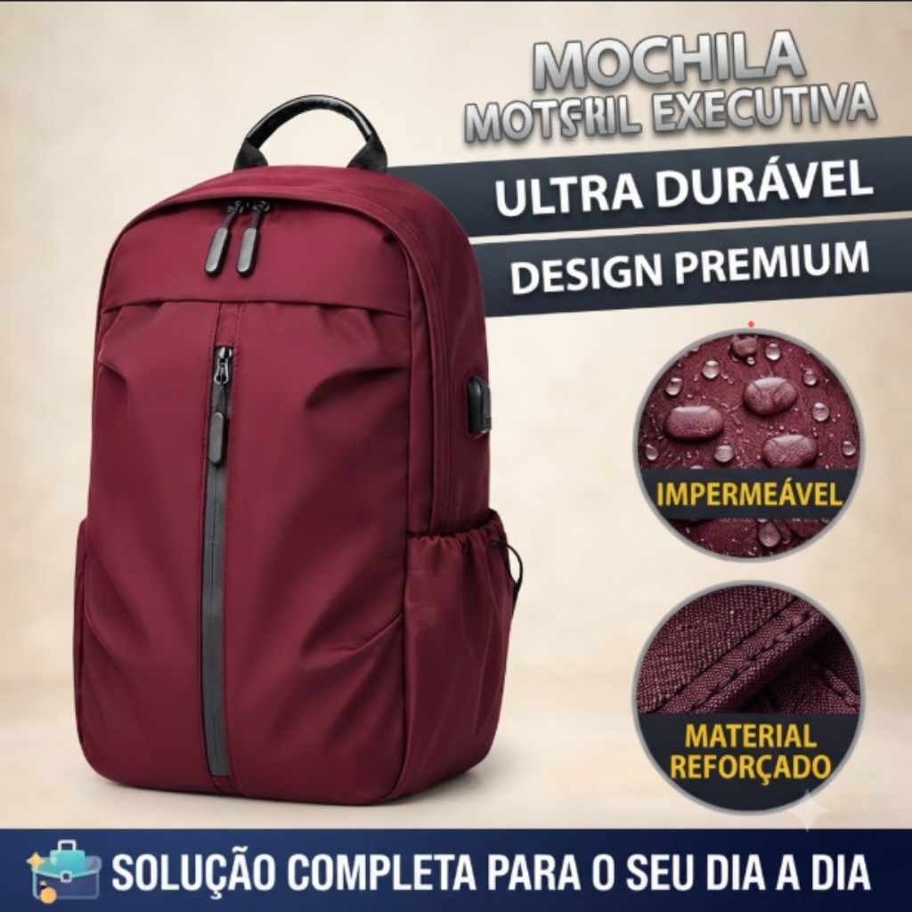 Mochila Executiva Vermelha, Impermeável e Resistente, para Escola, Faculdade e Trabalho