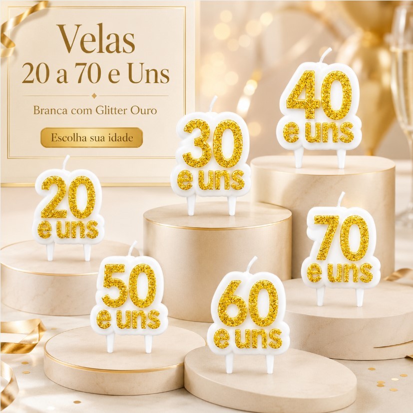 Vela 20 a 70 e Uns Glitter Ouro para Bolo de Aniversário