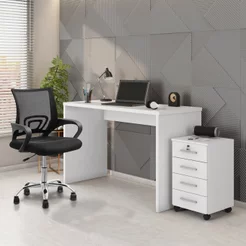 Escrivaninha Mesa Escritório com Gaveteiro com Chave Gávea 4 Gavetas 127cm Branca Branco
