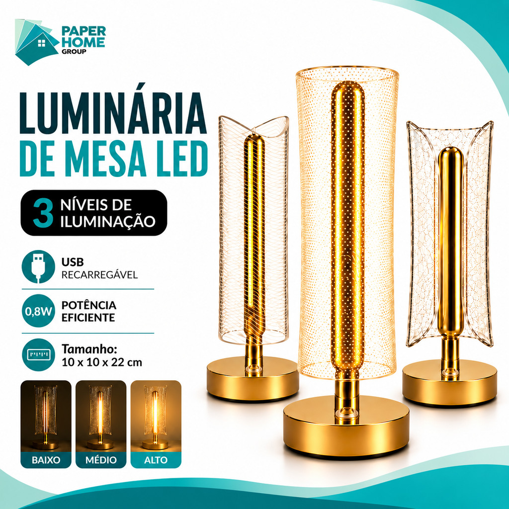 Luminária De LED Dourada Abajur Decorativo Recarregável USB 3 Níveis De Luz Quarto Sala Cabeceira