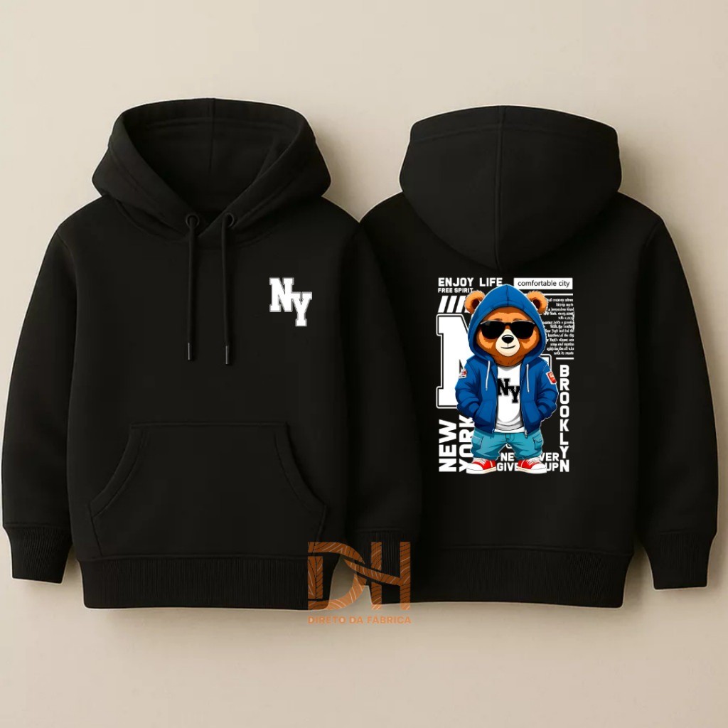 Moletom Infantil Masculino Estampado Urso Masculino Blusa de Frio Flanelada Com Bolso e Capuz