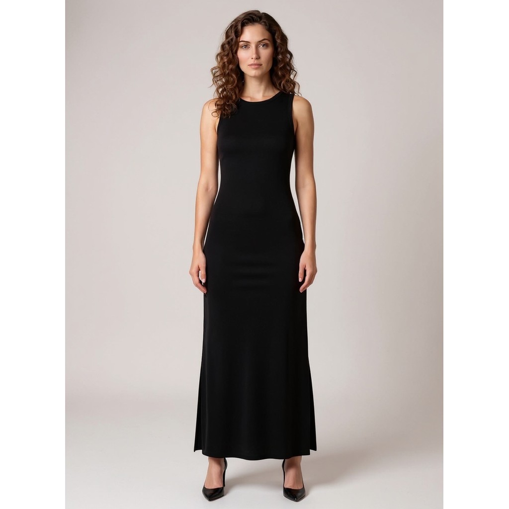 Vestido Longo Feminino Canelado Fenda Lateral Festa Casual Preto — Promos_e_achadinhos_Nina