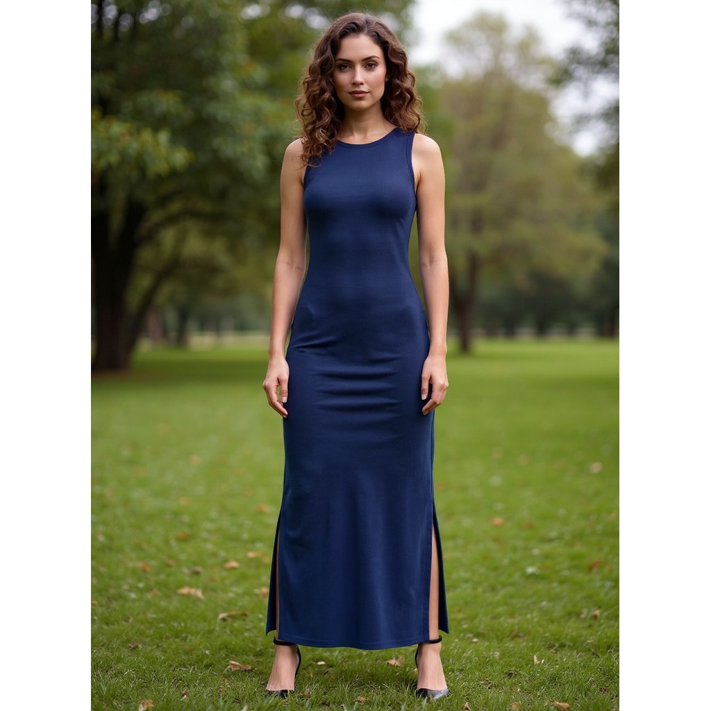 Vestido Longo Canelado Com Fenda - Azul Marinho — Achadinhos da Dani Leite