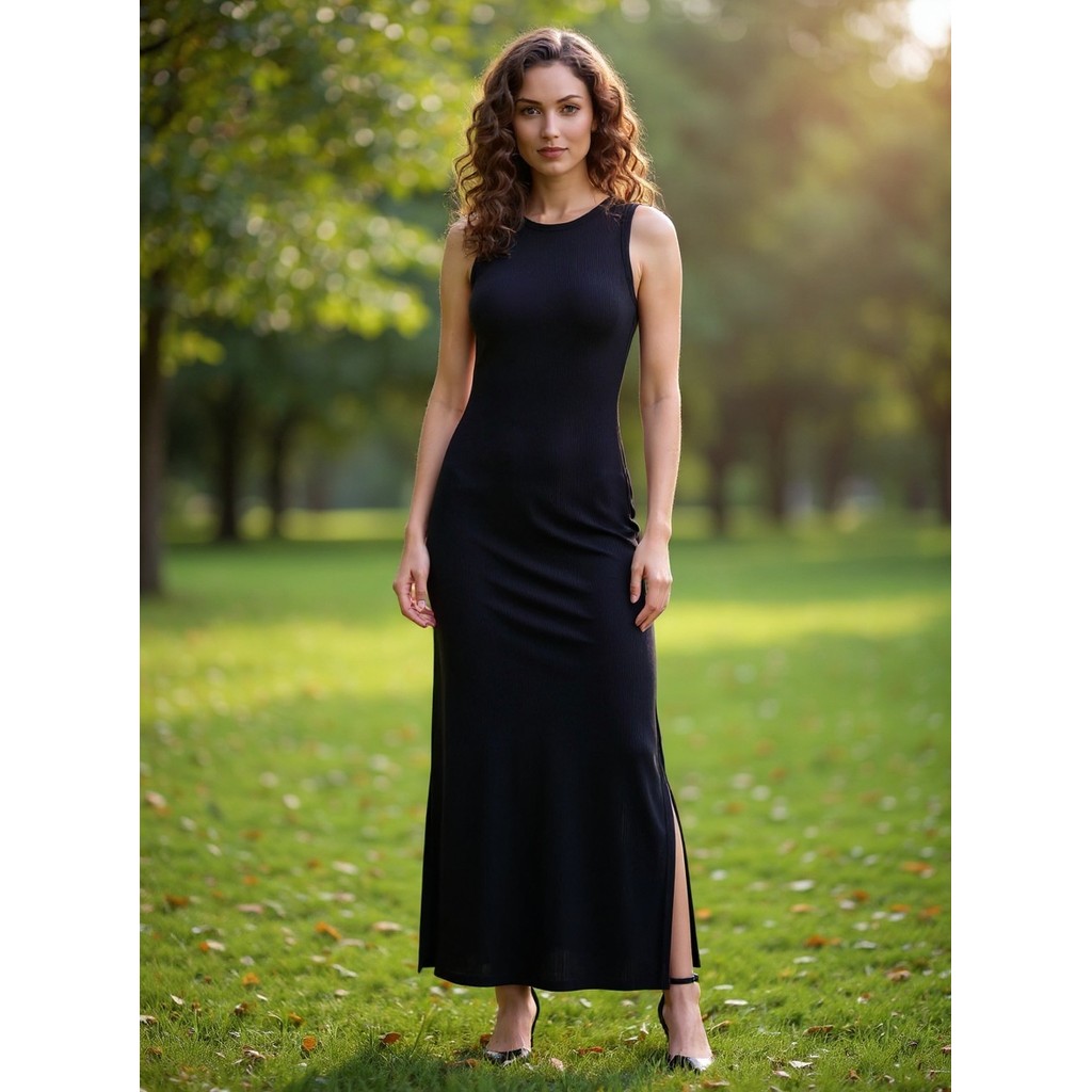 Vestido Longo Canelado Com Fenda - Preto — Achadinhos da Dani Leite