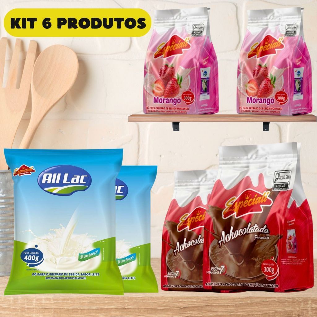 Leite pó Composto Lácteo Achocolatado Morango kit 6 unidades 2kg