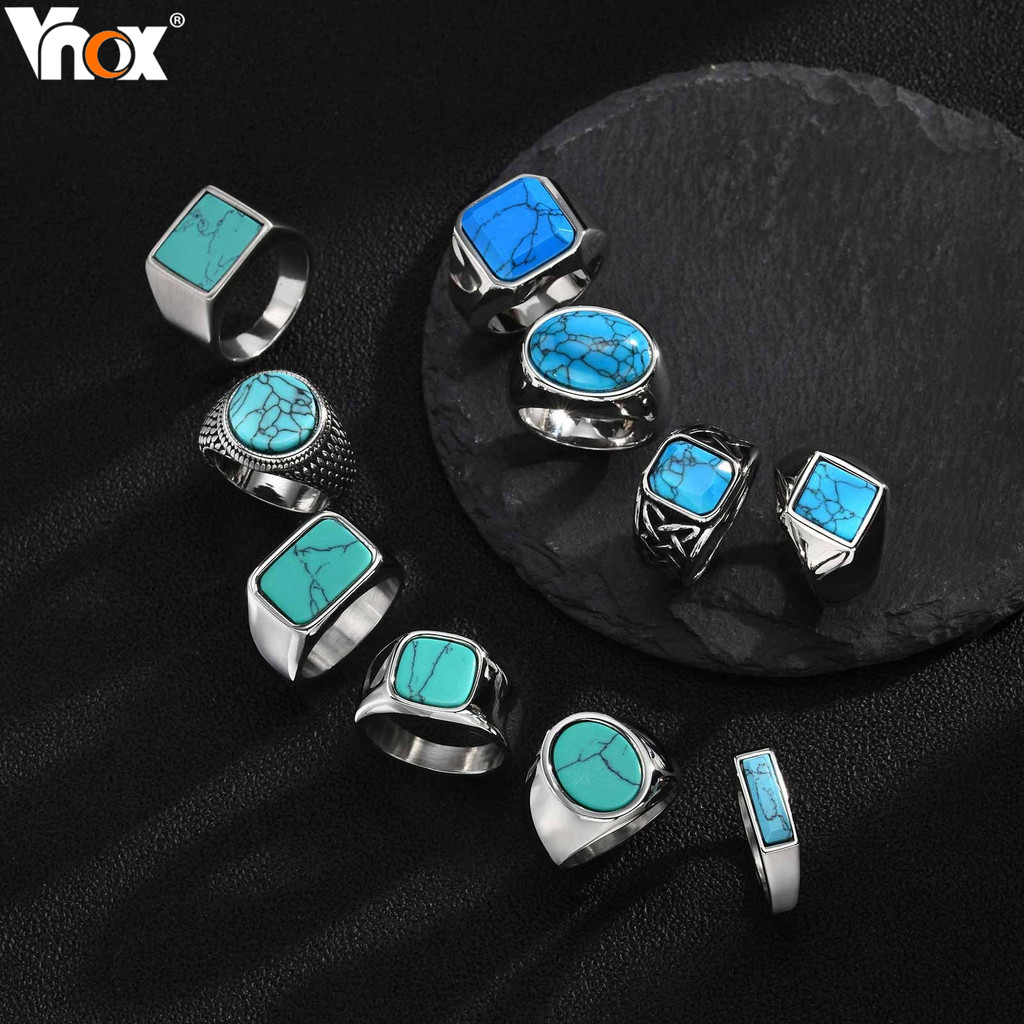 Coleção De Anéis De Sinete Turquesa Natural Vnox Para Homens Anel De Banda Masculino De Aço Inoxidável