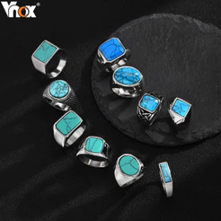 Coleção De Anéis De Sinete Turquesa Natural Vnox Para Homens Anel De Banda Masculino De Aço Inoxidável