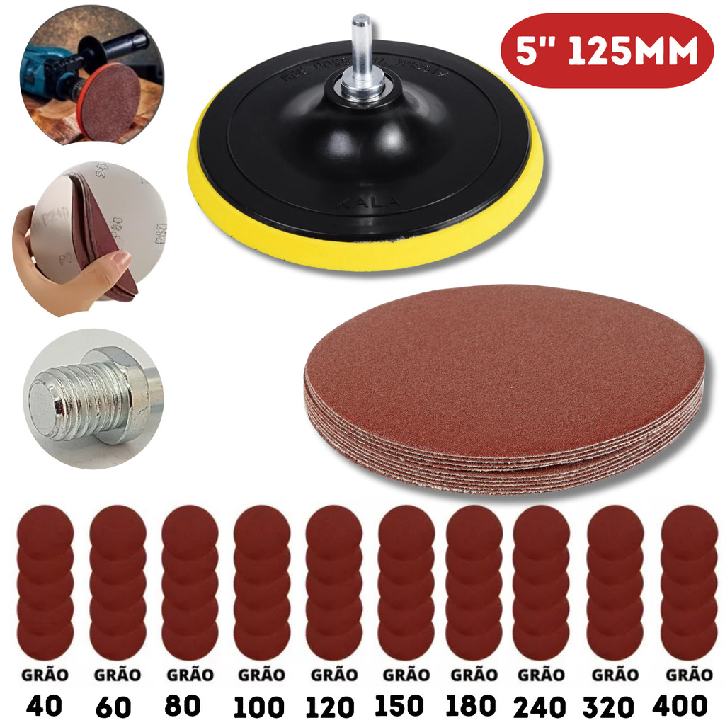 Suporte De Lixa De Velcro 125mm + 10 Disco De Lixa + Adaptador Para Uso Em Parafusadeira E Furadeira