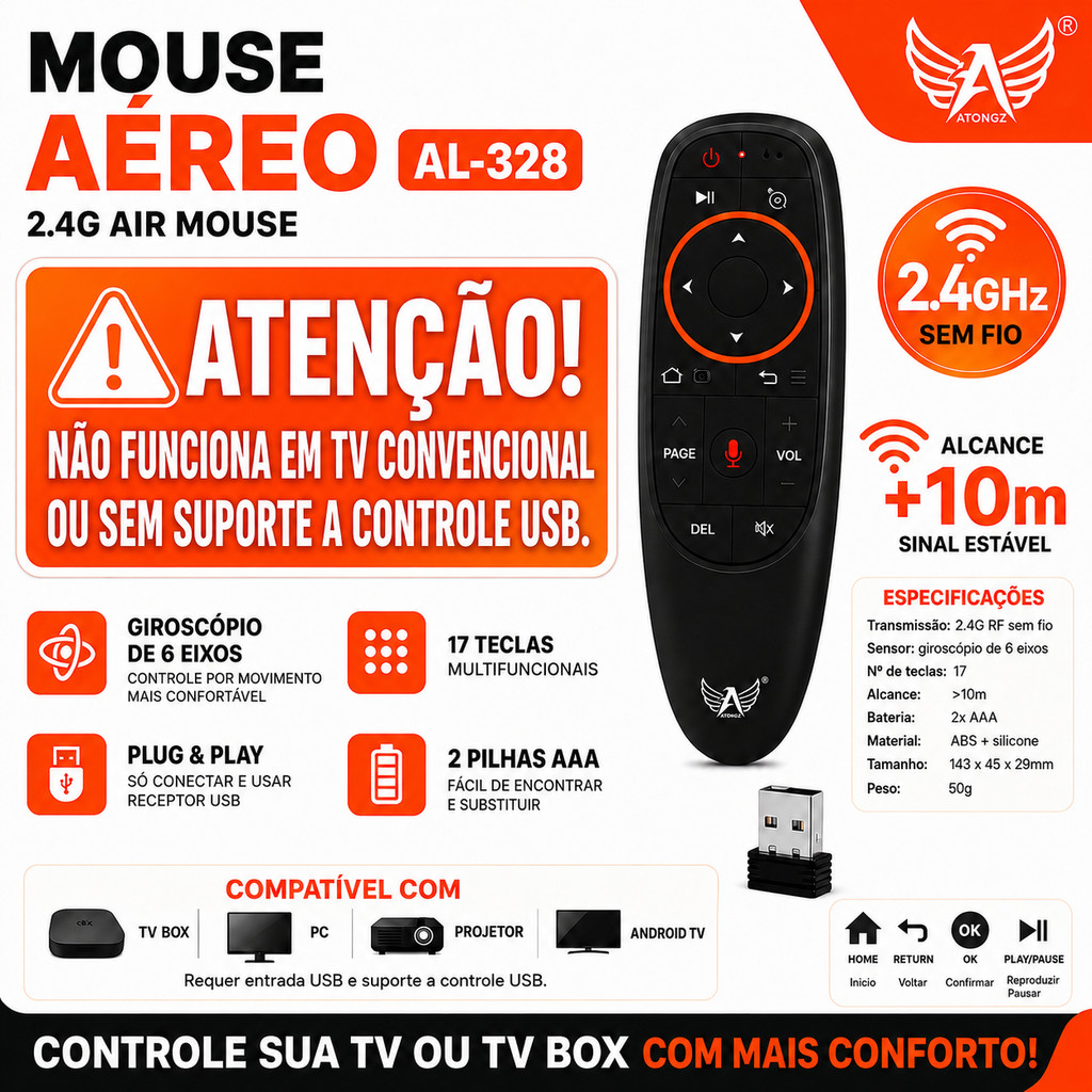 Controle Remoto Air Mouse AL-328 2.4G Sem Fio com Microfone de Voz, Giroscópio 6 Eixos e Receptor USB