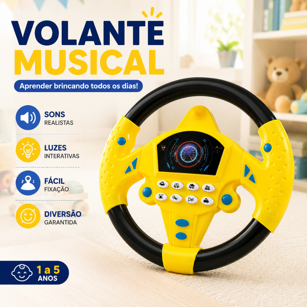 Volante Musical Infantil Educativo com Som Luz e Ventosa Brinquedo Interativo